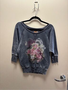 Mudd Heather Blue Graphic Sweatshirt with Floral Accent